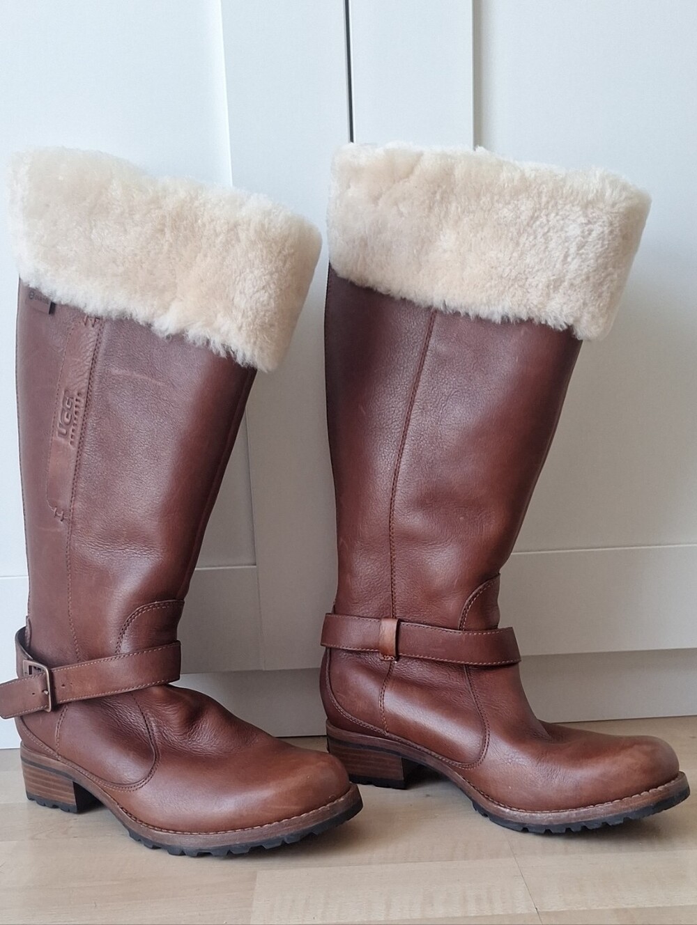 UGG Women's Brown Leather Shearling-Trim Riding Boots